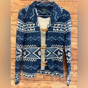 LAUREN RALPH LAUREN Blue Aztec Southwest Cardigan Sweater. Size Petite Medium.